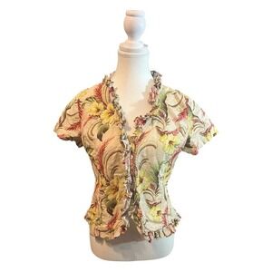 Oscar de la Renta Floral Ruffle Blouse Linen Lightweight Designer Top 6